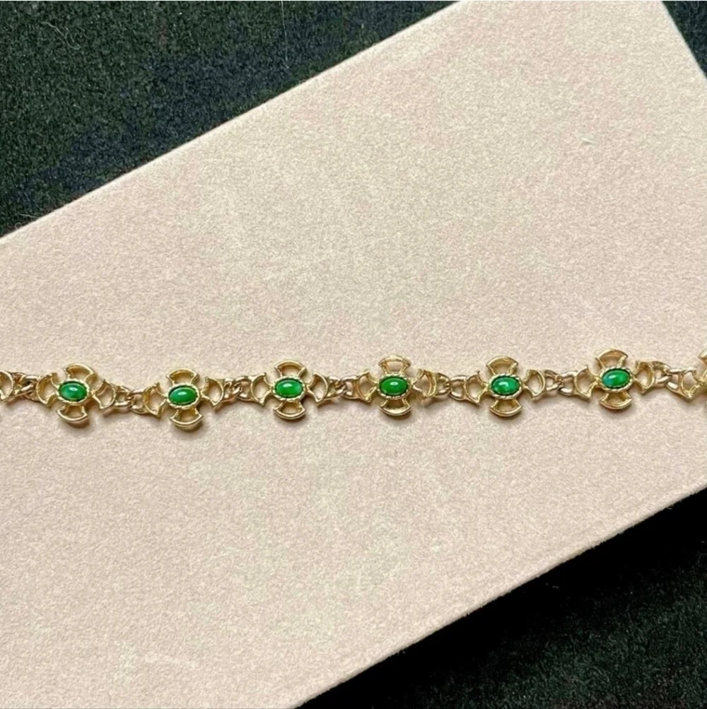 Vintage Avon 1973 Green Stone Faux Jade Bracelet, Baroness Cross